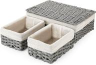 wicker storage baskets set with lid and handles - grey, handmade decorative organizers for bedroom closet - set of 3 logo