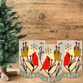 img 4 attached to 🐦 Festive Cardinals in Winter Scene: Set of 3 Frosted Glass Votive Holders with LED Flameless Tealight Candles