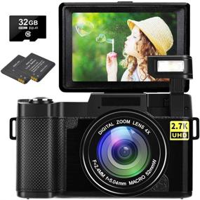 img 1 attached to Compact Vlogging Camera 2.7K 30MP Ultra HD Digital Camera with 4X Digital Zoom, Retractable Flashlight, 3.0 Inch Flip Screen, 32GB Micro SD Card, and 2 Batteries