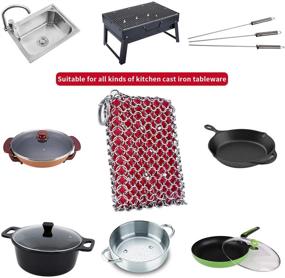 img 1 attached to 🔗 Efficient Cast Iron Skillet Cleaner: 316 Stainless Steel Chainmail Scrubber with Built-in Silicone Scrubber - Dishwasher Safe - Ideal for Kitchen Cookware and BBQ Tools (Red)