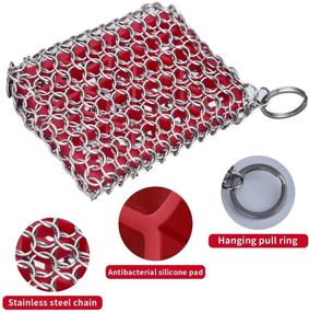 img 3 attached to 🔗 Efficient Cast Iron Skillet Cleaner: 316 Stainless Steel Chainmail Scrubber with Built-in Silicone Scrubber - Dishwasher Safe - Ideal for Kitchen Cookware and BBQ Tools (Red)