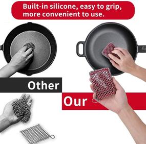 img 2 attached to 🔗 Efficient Cast Iron Skillet Cleaner: 316 Stainless Steel Chainmail Scrubber with Built-in Silicone Scrubber - Dishwasher Safe - Ideal for Kitchen Cookware and BBQ Tools (Red)