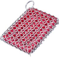 🔗 efficient cast iron skillet cleaner: 316 stainless steel chainmail scrubber with built-in silicone scrubber - dishwasher safe - ideal for kitchen cookware and bbq tools (red) logo