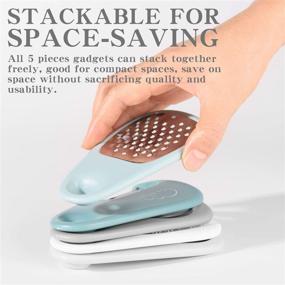 img 2 attached to 🔵 Space-saving Kitchen Gadgets Set (5 Pieces) - Cheese Grater, Bottle Opener, Fruit/Vegetable Peeler, Pizza Cutter, Garlic/Ginger Grinder | Stainless Steel Accessories | Dishwasher Safe | Blue
