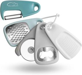 img 4 attached to 🔵 Space-saving Kitchen Gadgets Set (5 Pieces) - Cheese Grater, Bottle Opener, Fruit/Vegetable Peeler, Pizza Cutter, Garlic/Ginger Grinder | Stainless Steel Accessories | Dishwasher Safe | Blue