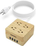 superdanny usb power strip surge protector with 4 widely spaced outlets & 4 smart usb ports - portable charging station for home, office, hotel, dorm, rv - faux wood grain finish логотип