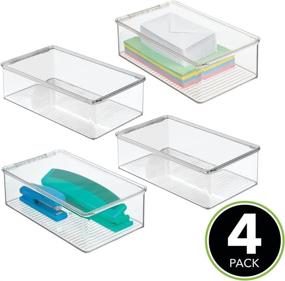 img 3 attached to 📦 mDesign Clear Stackable Long Storage Bin with Lid - 4 Pack - Ideal for Organizing Gel Pens, Erasers, Tape, Markers, Notepads, and More in Home or Office.