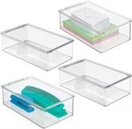 📦 mdesign clear stackable long storage bin with lid - 4 pack - ideal for organizing gel pens, erasers, tape, markers, notepads, and more in home or office. logo