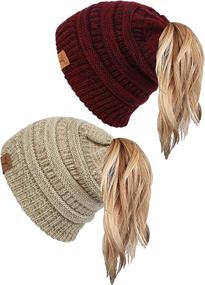 img 4 attached to 🧣 Soul Young Women's Cable Knit Beanie Tail Hat: Messy Bun & Ponytail Friendly for Winter