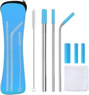 🥤 reusable stainless steel straws with silicone tips - set of 3 (2 straight, 1 bent) | includes cleaning brush and carry bags | ideal for smoothies, milkshakes, and beverages | eco-friendly metal straws for tumblers logo