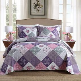 img 4 attached to 🌹 Набор для кровати HoneiLife King Size - 3-х частное микрофиброзное одеяло с оборотом, покрывало из лоскутков с флористическим дизайном, все сезонные одеяла - с рисунком фиолетовой розы