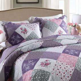img 3 attached to 🌹 HoneiLife King Size Quilt Set - 3 Piece Microfiber Reversible Bedspread Patchwork Coverlets Floral Bedding Set All Season Quilts - Purple Rose Print