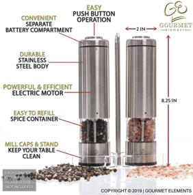 img 3 attached to Gourmet Elements Electric Salt and Pepper Grinder Set, Set of 2 🧂 Battery-Operated Mills with Stand, Refillable Stainless Steel Grinders, Adjustable Coarseness, Bright LED Light