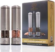 gourmet elements electric salt and pepper grinder set, set of 2 🧂 battery-operated mills with stand, refillable stainless steel grinders, adjustable coarseness, bright led light logo