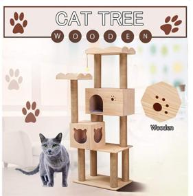 img 3 attached to 🐱 Natural Wood Cat Tree Condo with Sisal Rope Scratching Post, Indoor Activity Tower for Cats and Kittens - Pet Play House Furniture