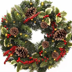 img 4 attached to 🎄 Christmas Wreath: 24-inch Pre-lit LED Artificial Wreath Flocked with Holiday Accents for Front Door Décor