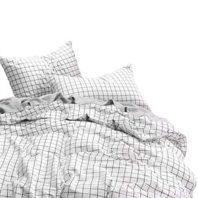 img 4 attached to Modern Geometric Grid Duvet Cover Set - 100% Cotton Bedding with Zipper Closure, Black Grid Pattern Printed on White - Queen Size (3pcs)