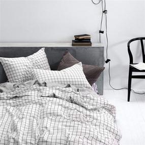 img 3 attached to Modern Geometric Grid Duvet Cover Set - 100% Cotton Bedding with Zipper Closure, Black Grid Pattern Printed on White - Queen Size (3pcs)