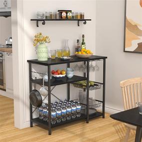 img 3 attached to Ecoprsio Bakers Rack: Versatile 4-Tier+3-Tier Microwave Stand with Spice Storage, Coffee Bar Cabinet, Wine Glass Holder, and 5 Hooks - Black