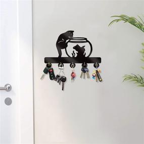 img 2 attached to 🐱 Cat Key Holder and Cat Themed KingLive - Wooden Key Rack with 5 Metal Hooks | Creative Adhesive Hook Wall Mounted Cat Racks | Key Rack Organizer for Wall Decorative Cat Holder and Kitchen Utensils Hanger