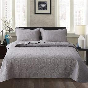 img 4 attached to Travan Bedspread Quilt Set: Premium 3-Piece Oversized Grey Coverlet with Shams - Queen Size Quilted Embossed Design