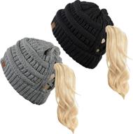 womens beanie tail messy bun high ponytail knit cap with funky junque criss cross design логотип