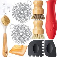 🧼 complete 12-piece cast iron cleaning set with 2 stainless steel chainmail scrubbers, 2 bamboo dish scrubbers, 2 grill pan scrapers, long handle brush, hot handle holder, dish towel, and 3 hooks for efficient kitchen cleaning logo