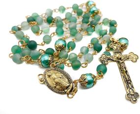 img 3 attached to The Nazareth Store Catholic Green Matte Stone Beads Rosary Necklace: 10mm Pearl Round Beads, Miraculous Medal & Cross - Complete with Velvet Bag