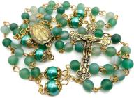 the nazareth store catholic green matte stone beads rosary necklace: 10mm pearl round beads, miraculous medal & cross - complete with velvet bag logo
