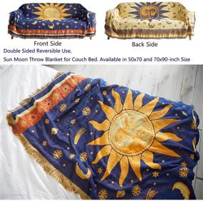 img 3 attached to 🌙 Erke Moon and Sun Throw Blanket with Tassels, Reversible Cotton Woven Couch Bed Throws Cover - 50" X 70", Yellow Blue