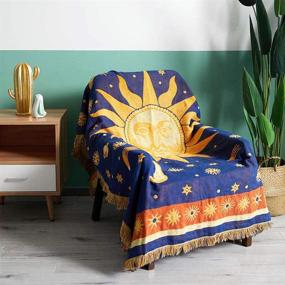 img 1 attached to 🌙 Erke Moon and Sun Throw Blanket with Tassels, Reversible Cotton Woven Couch Bed Throws Cover - 50" X 70", Yellow Blue