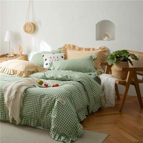 img 3 attached to 🌸 AOJIM Korean Style Floral Flounced Princess Series Duvet Cover Set - Green Checked Small Lattice Print - King Size, Durable & Fade Resistant, 3 PCS Bedding Set