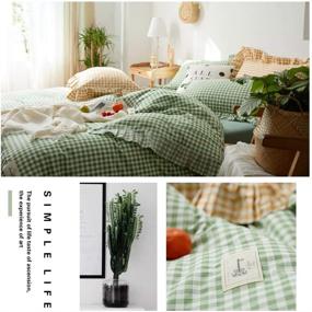 img 4 attached to 🌸 AOJIM Korean Style Floral Flounced Princess Series Duvet Cover Set - Green Checked Small Lattice Print - King Size, Durable & Fade Resistant, 3 PCS Bedding Set