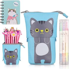 img 4 attached to 🐱 Blue Cat Telescopic Standing Pen Case - Cute Kawaii Cartoon Pencil Holder for School, Office, and Desk