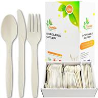 🌱 300 pack of 100% eco friendly compostable utensils: large biodegradable disposable cutlery set (7"), renewable resource made, strong and durable - plastic alternative! logo