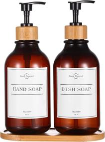 img 4 attached to 🧼 2-Pack Kitchen and Bathroom Soap Dispenser Set, 16oz with Bamboo Pump and Tray, for Dish Soap, Shampoo, Conditioner, Lotion, Hand Soap | Includes Waterproof Labels (Brown)