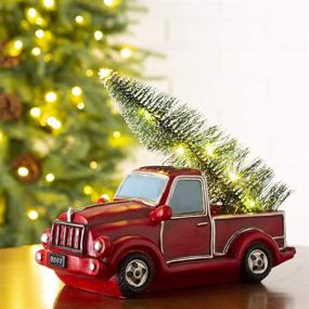 img 2 attached to 🚗 Vintage Red Truck Rustic Christmas Table Decoration - 11 Inch Pickup Truck Car with Lighted Mini Christmas Tree - Country Christmas Tabletop Decor by Glitzhome