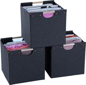 img 4 attached to 📦 MORMAX Foldable Cube Storage Bins: 12 Inch Linen Fabric, Dual Wooden Handles for Organizing - Pack of 3, Black