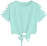 solid color plaid hem tie strap tops for girls: casual crew neck t-shirts with short sleeves logo