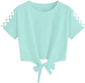 img 4 attached to Solid Color Plaid Hem Tie Strap Tops for Girls: Casual Crew Neck T-Shirts with Short Sleeves