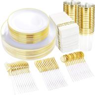 🍽️ supernal 350pcs gold plastic dinnerware set with white handle | disposable plastic plates for party or wedding | clear cups | gold rim napkins logo