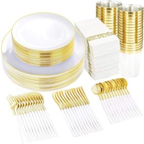 img 4 attached to 🍽️ Supernal 350pcs Gold Plastic Dinnerware Set with White Handle | Disposable Plastic Plates for Party or Wedding | Clear Cups | Gold Rim Napkins