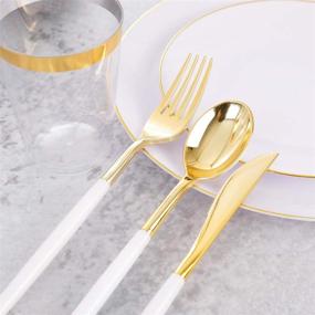 img 2 attached to 🍽️ Supernal 350pcs Gold Plastic Dinnerware Set with White Handle | Disposable Plastic Plates for Party or Wedding | Clear Cups | Gold Rim Napkins