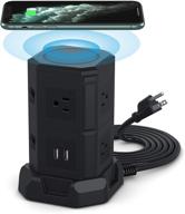 powerful btu power strip tower: wireless charger, surge protector, 7 ac outlets, 2 usb ports, 6.5ft extension cord - black logo