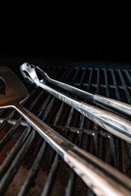 img 1 attached to 🔥 Ignite Grilling 2-Piece BBQ Grill Tool Set - Forged Stainless Steel Spatula and Locking Tongs with Pakka Handles, includes Silicone Trivet