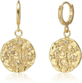 img 4 attached to ✨ MUSTHAVE Constellation Zodiac Huggie Hoop Earrings in 18K Gold Plating: Astrology CZ Coin Hoop Earrings for Women and Girls - Perfect Gift Earrings