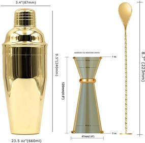 img 3 attached to 🍸 Homestia Gold Cocktail Shaker Set - Bartender Kit with Stainless Steel 24oz Martini Shaker, Muddle Spoon, Double Jigger, Fine Strainer, Ice Tong, and 2 Liquor Pour Spout - Premium Barware Gift Set