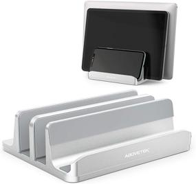 img 4 attached to 💻 Vertical Laptop Stand by AboveTEK - Optimal Organization and Space-Saving Solution with 3 Slots - Holds Computer, Tablet, Phone - Universal Fit for All Laptop Models (up to 17.3") - Premium Polished Aluminum Desktop Holder - Enhanced Stability with Anti-Slide Silicone Grips - Elegant Silver Design