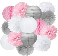 💖 furuix 15pcs pink grey white baby shower decorations party kit – tissue paper pom pom, honeycomb ball – bridal shower, girls' birthday, wedding, party decorations in pink logo