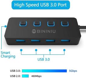 img 2 attached to 🔌 BININIU 4-портовый USB 3.0 хаб с интеллектуальной зарядкой, выключателями и адаптером переменного тока 5 В - идеально подходит для MacBook Air, ноутбуков, ноутбуков и многого другого